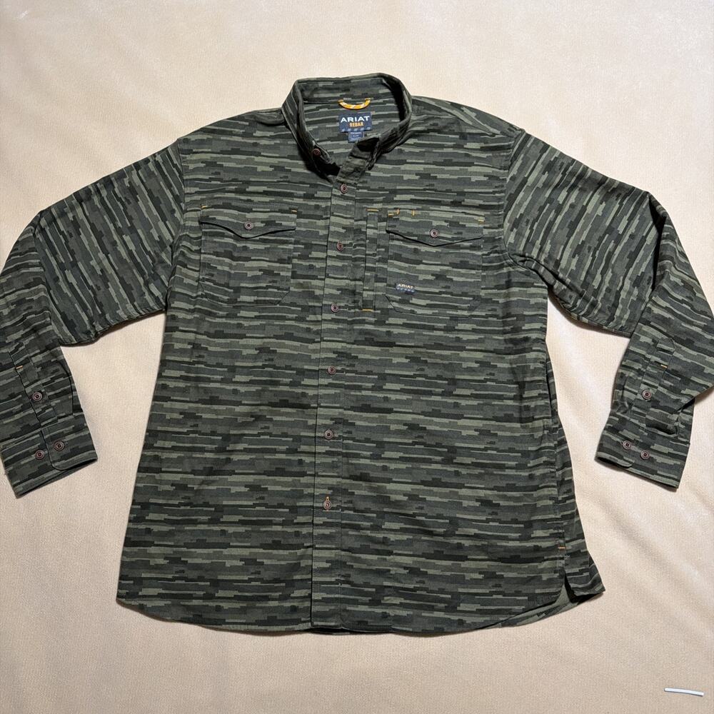 Ariat Men’s Large Rebar Durastretch Flannel Green Camo Plaid Shirt Hunting